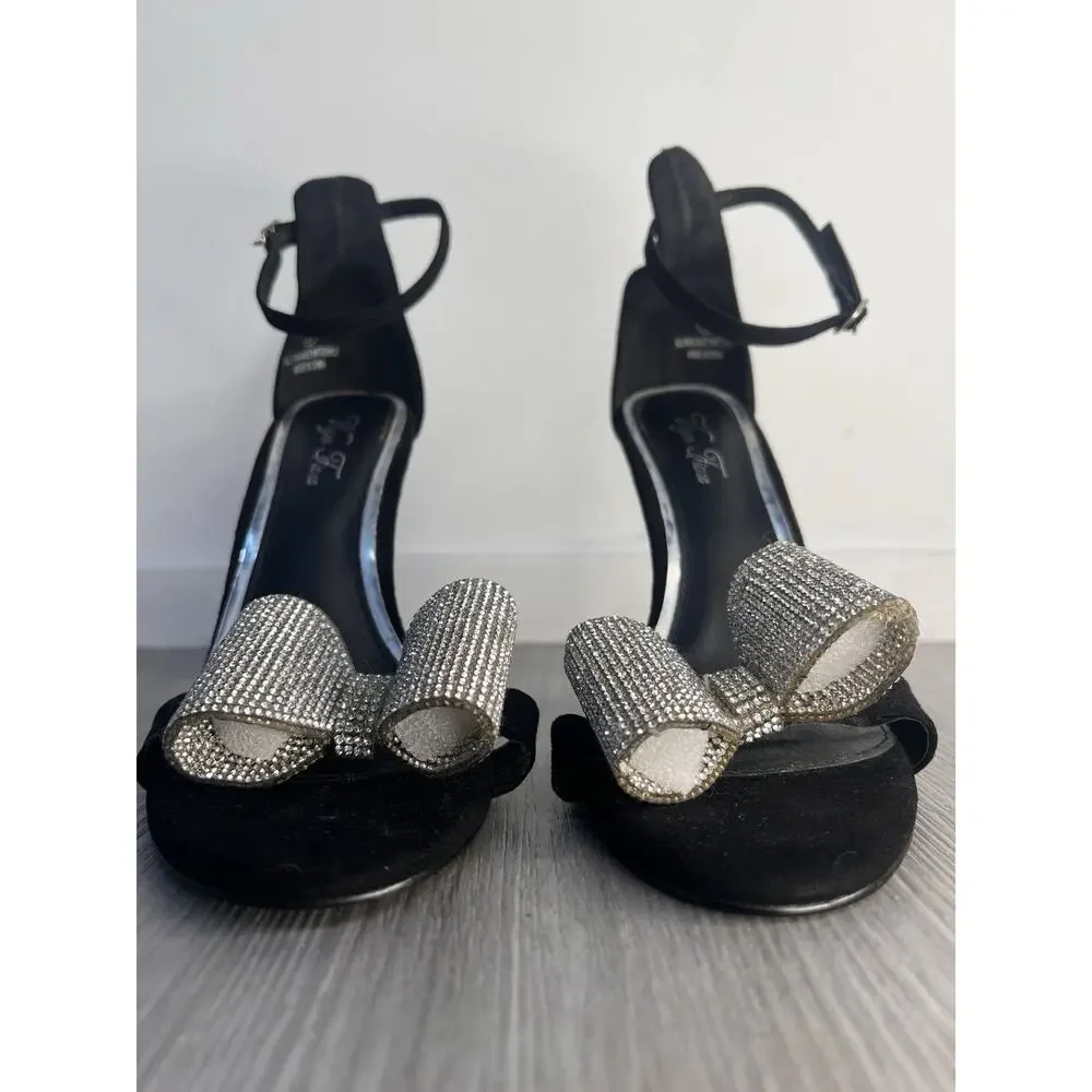 Liliana Mixie 1 Black Suede High Heel with Rhinestone Bow Size 7